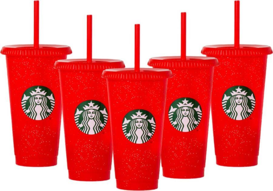 Starbucks Beker 5x Drinkbeker Red Glitter Cup Holiday Cup Met Rietje en Deksel Glitter Cup Color Tumbler Herbruikbaar- ijskoffie beker Milkshake beker Limited Edition
