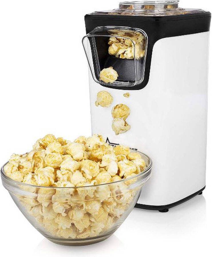 Starcrest Popcornmaker 1100 W Popcornmachine – Klaar in 2 minuten zonder olie Met navulopening Wit Zwart