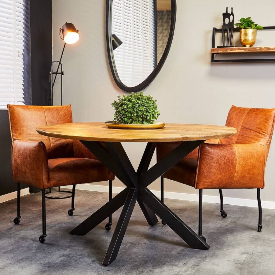 Industrieelinhuis.nl Eetkamertafel Mangohout Staal Arlington Rond 140 cm