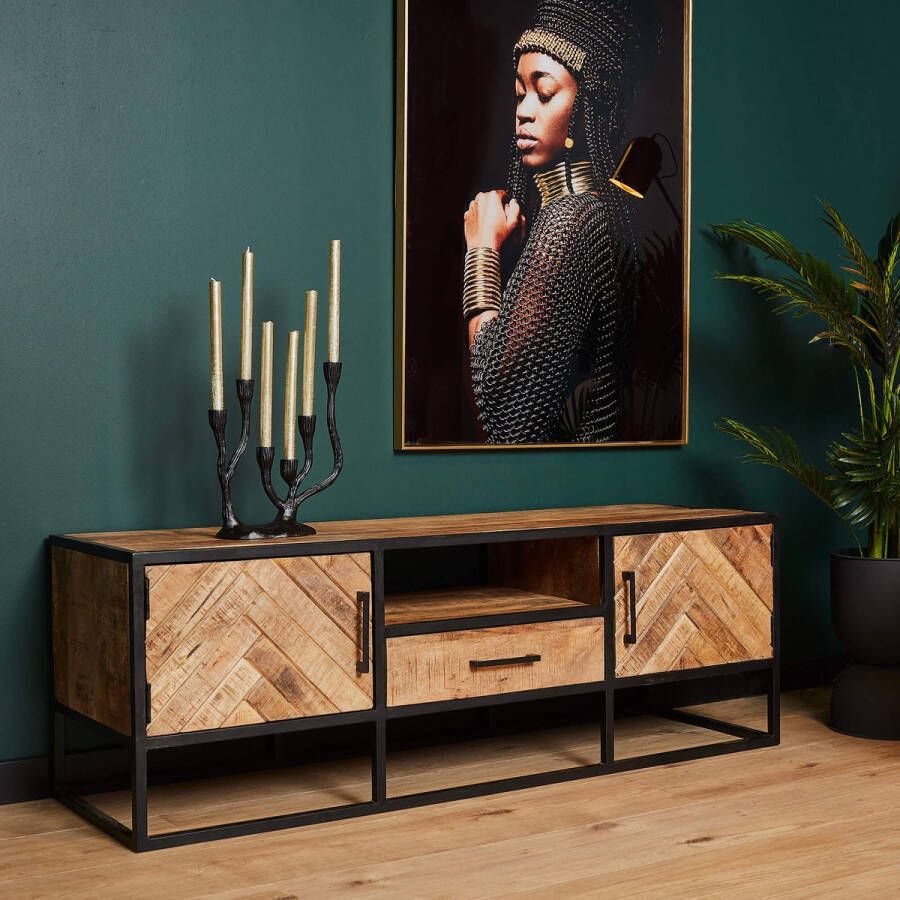 Starfurn Tv meubel Arlington Visgraat Mangohout Staal 145 cm