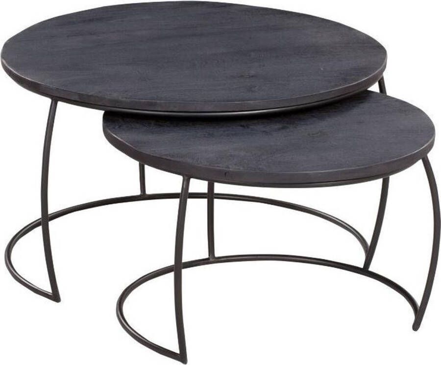 Starfun Salontafel set Coco Zwart Zwarte Ronde salontafel set van Mangohout en metaal Set van 2 | Salontafel set mangohout