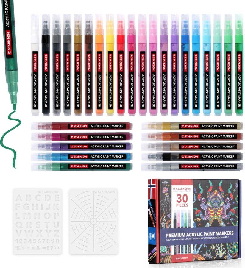 STARKSØN 32-Delige Acryl Marker Stiften 0.7 mm Set – Tekenset Acrylverf Acrylmarker & Acrylstiften – Stenen Glas & Eieren Schilderen – Happy Stones & Mandala Tekenen – Incl. 2 Sjablonen