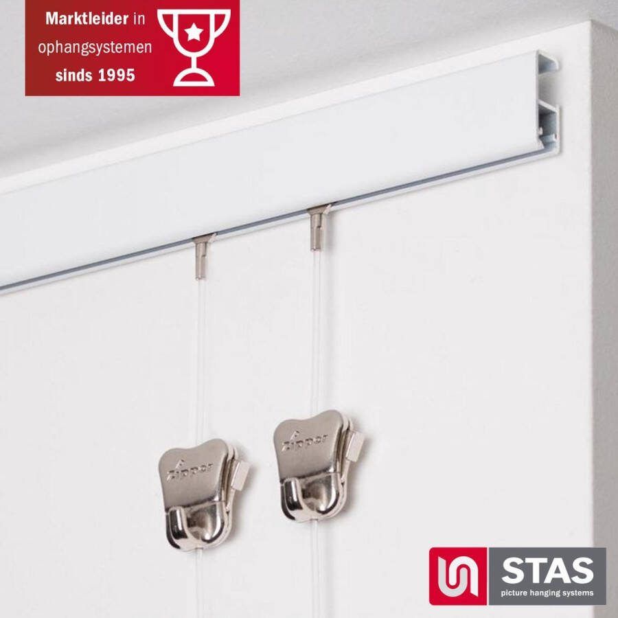 STAS Schilderijrail Ophangsysteem Schilderijen Fotolijsten Poster Ophangrails Zonder Boren Ophangrek Ophanghaak Schilderijrail Cliprail Pro Wit 150 cm Complete Kit