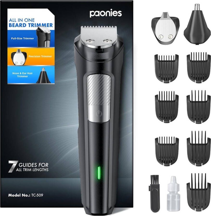 StayPowered Baardtrimmer Complete Baardtrimmer Set voor Heren met 7 Opzetstukken! Zelfslijpende Messen USB C Opladen Lange Batterijduur Inclusief Neus- en Oortrimmer Geluidsarme Werking Zwart Levering Sneller dan Aangegeven!