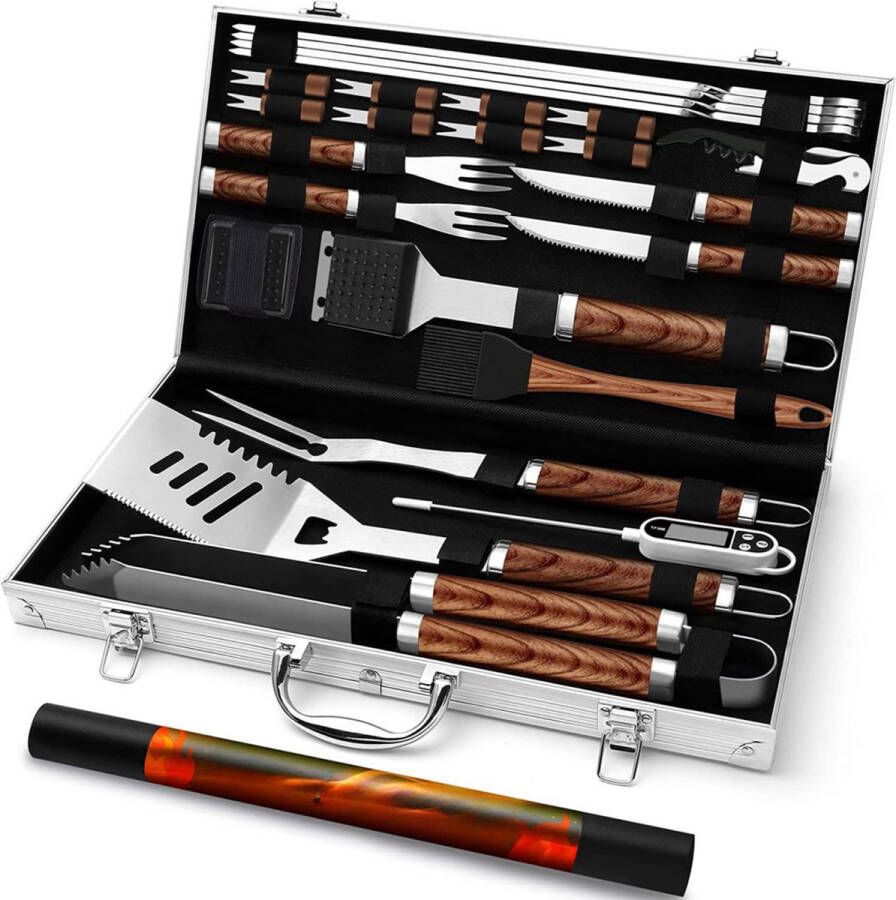 StayPowered BBQ Accessoires Ultieme BBQ Grill Cutlery Set 26-delige Accessoirekit voor Perfecte Barbecues Metalen Koffer Vleesthermometer en Veel Meer Accessoires! Hoogwaardige Kwaliteit Levering Sneller dan Aangegeven!