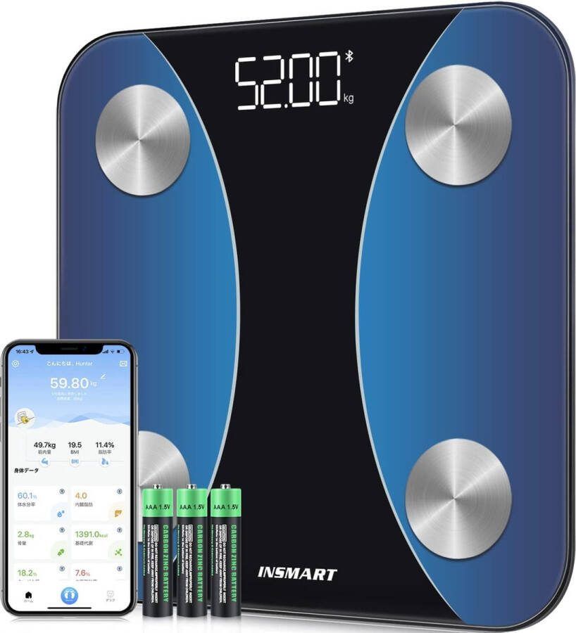 StayPowered Digitale Personenweegschaal Nauwkeurige Gezondheidsmonitoring met App 13 Lichaamsgegevens zoals Vetmassa en Spiermassa Bluetooth Hoge Precisie Max 180 kg Inclusief Batterijen Blauw Levering Sneller dan Aangegeven!