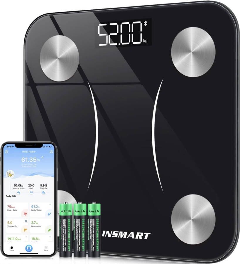 StayPowered Digitale Personenweegschaal Nauwkeurige Gezondheidsmonitoring met App 13 Lichaamsgegevens zoals Vetmassa en Spiermassa Bluetooth Hoge Precisie Max 180 kg Inclusief Batterijen Zwart Levering Sneller dan Aangegeven!