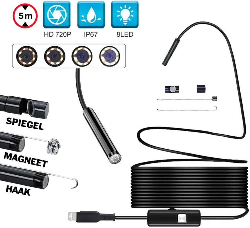Staza Endoscoop Inspectiecamera Lightning Inspectiegereedschap 8mm kop flexibele HD 5M kabel waterproof 8 LED Verlichting geschikt voor iPhone