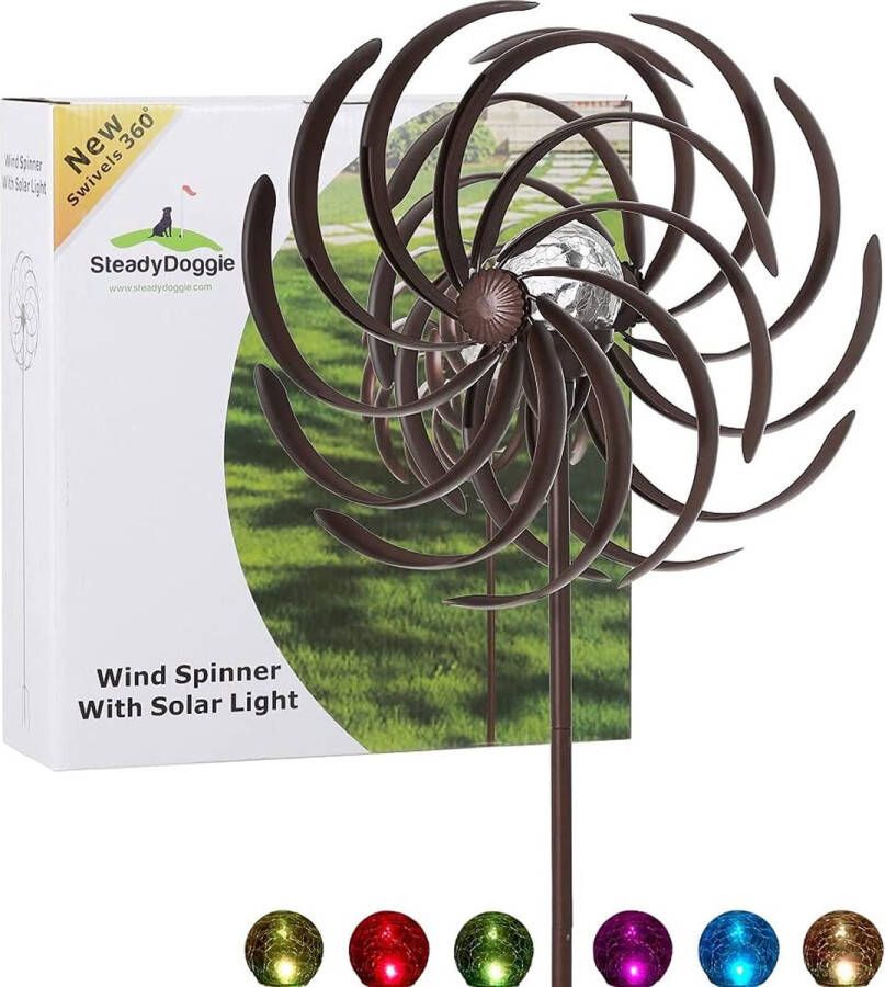 SteadyDoggie Solar metalen windrad tuin met LED licht windgong tuin voor buiten windgong metaal zeer eenvoudig te monteren weerbestendig windrad LED stabiel ideaal voor terras en tuin-hoogte: 155 cm