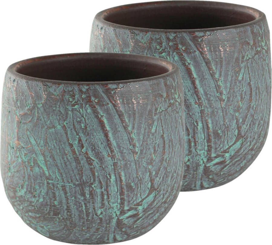 Ter Steege Set van 2x stuks bloempotten plantenpotten van keramiek in de kleur antiek brons met diameter 15 cm en hoogte 13 cm