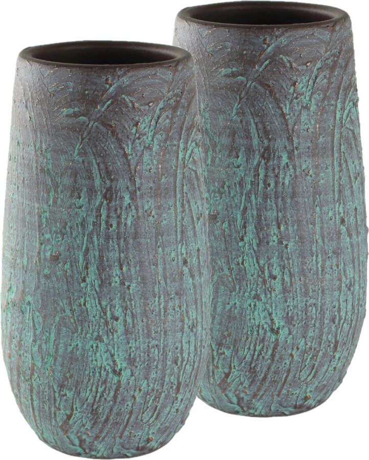 Ter Steege Set van 2x stuks hoge bloempotten plantenpotten vaas van keramiek in de kleur antiek brons groen met diameter 17 cm en hoogte 30 cm