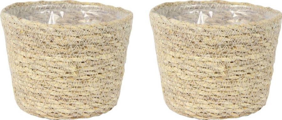 Ter Steege Set van 2x stuks plantenpot bloempot van jute zeegras diameter 13 cm en hoogte 10 cm creme beige Met binnenkant van plastic