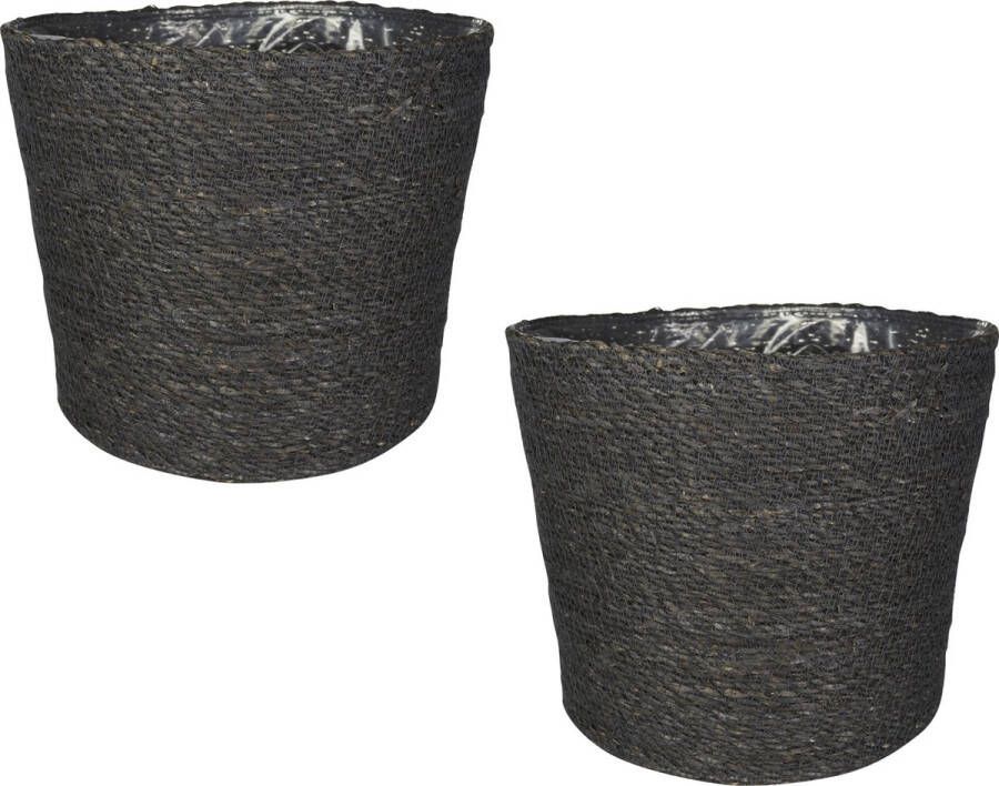 Ter Steege Set van 2x stuks plantenpot bloempot van jute zeegras diameter 30 cm en hoogte 26 cm grijs- Met binnenkant van plastic