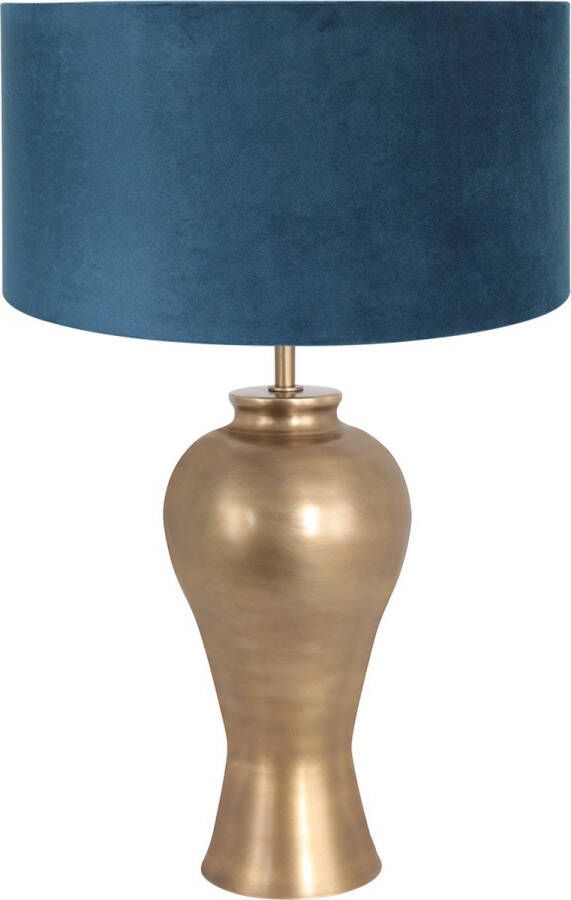 Steinhauer Brass tafellamp met blauwe velvet kap 60 cm hoog E27 brons