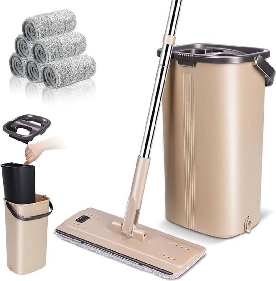 Stellar Dweilmop Set met Emmer Dweilmop met Uitwringfunctie 2-in-1 Vloerwisser Platte Dweil Vloerwisserset Met 6 microvezelpads Dweil Mop