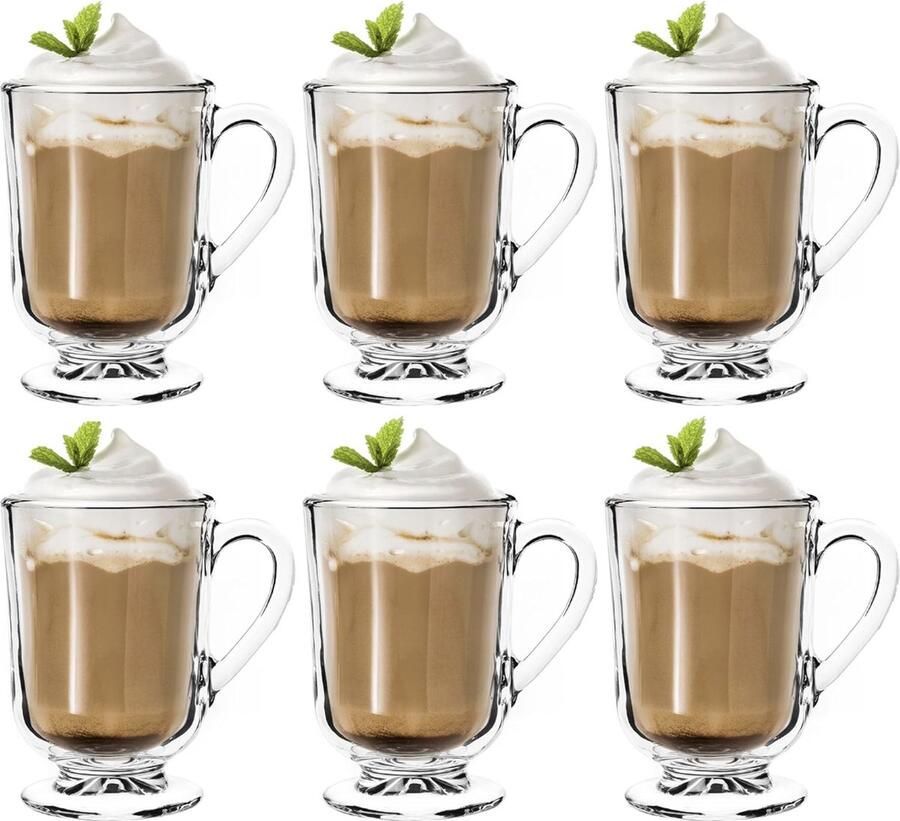 Stellar Koffieglazen set van 6 300 ml Theeglazen van glas Glühweinglazen Drinkglazen voor Thee Koffie Irish Coffee Koffiekopjes met handvat Cappuccino glazen Dessertglazen