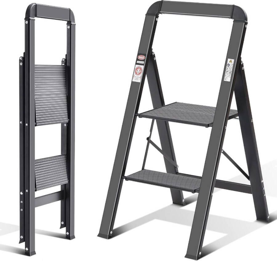 Stellar Trapladder Vouwladder met leuning Antislip huishoudladder met klapbeveiliging Aluminium Opstapkruk belastbaar tot 150 kg zwart Huishoudtrap