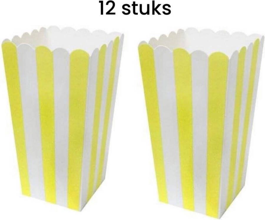 Stemen popcorn bakjes Popcornbak geel 12stuks Popcornbakjes chipsbakjes snackbakjes kinderverjaardag kinderfeestje stevig papier karton 8.5cm breed 16 cm hoog