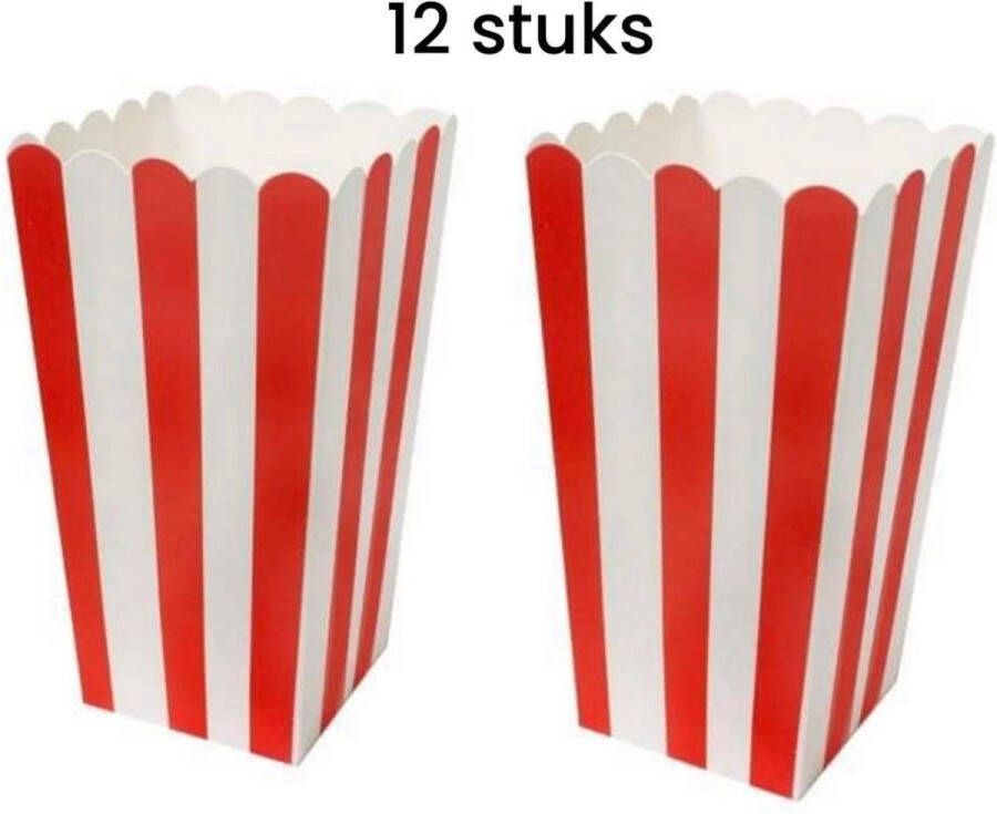 Stemen popcorn bakjes Popcornbak Rood 12stuks Popcornbakjes chipsbakjes snackbakjes kinderverjaardag kinderfeestje stevig papier karton 8.5cm breed 16 cm hoog