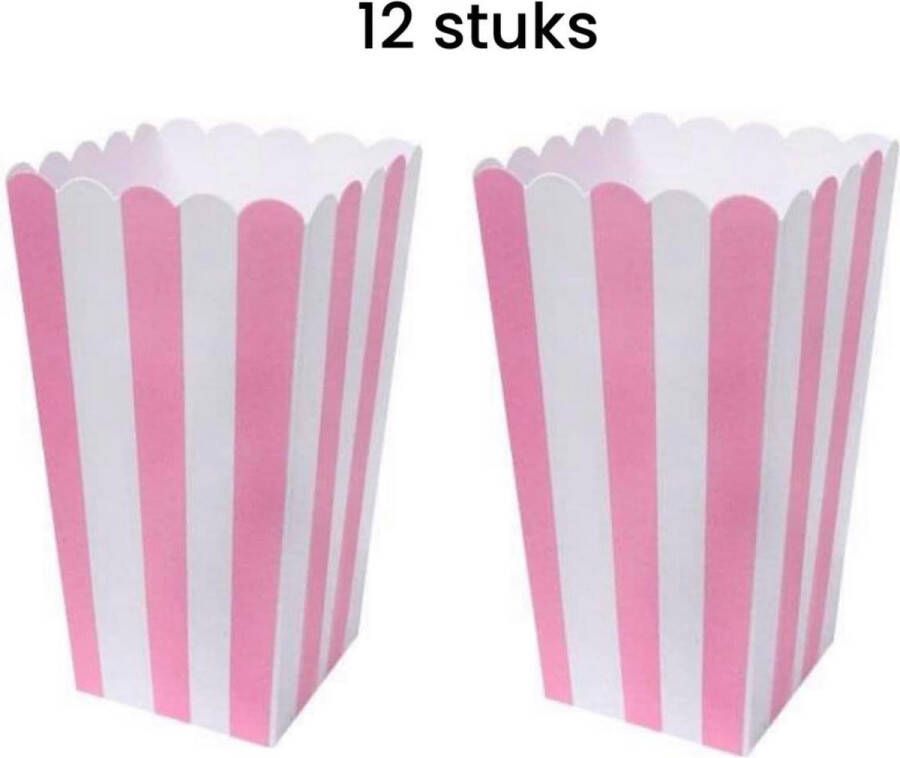 Stemen popcorn bakjes Popcornbak Roze 12stuks Popcornbakjes chipsbakjes snackbakjes kinderverjaardag kinderfeestje stevig papier karton 8.5cm breed 16 cm hoog