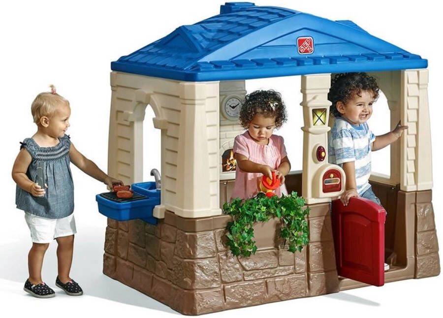 Step2 Neat and Tidy Cottage Speelhuis voor kinderen in blauw & bruin Speelhuisje van plastic kunststof voor tuin