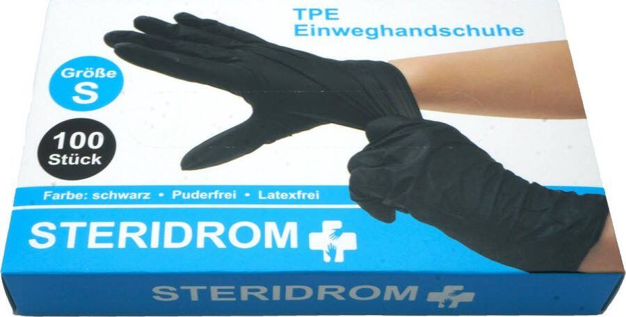 Steridrom Zwarte TPE Wegwerphandschoenen Poedervrij Maat S – 100 Stuks