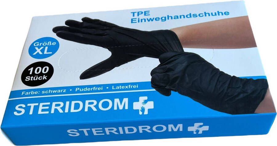 Steridrom Zwarte TPE Wegwerphandschoenen Poedervrij Maat XL – 100 Stuks