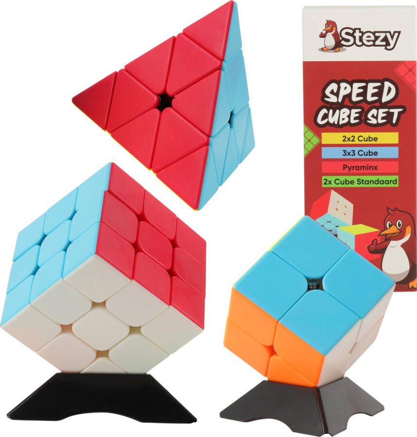 Stezy Speed Cube Set 3x3 2x2 en Pyraminx Incl. 2x Cube Standaard & Handleiding Puzzel Kubus Breinbrekers voor Volwassenen en Kinderen