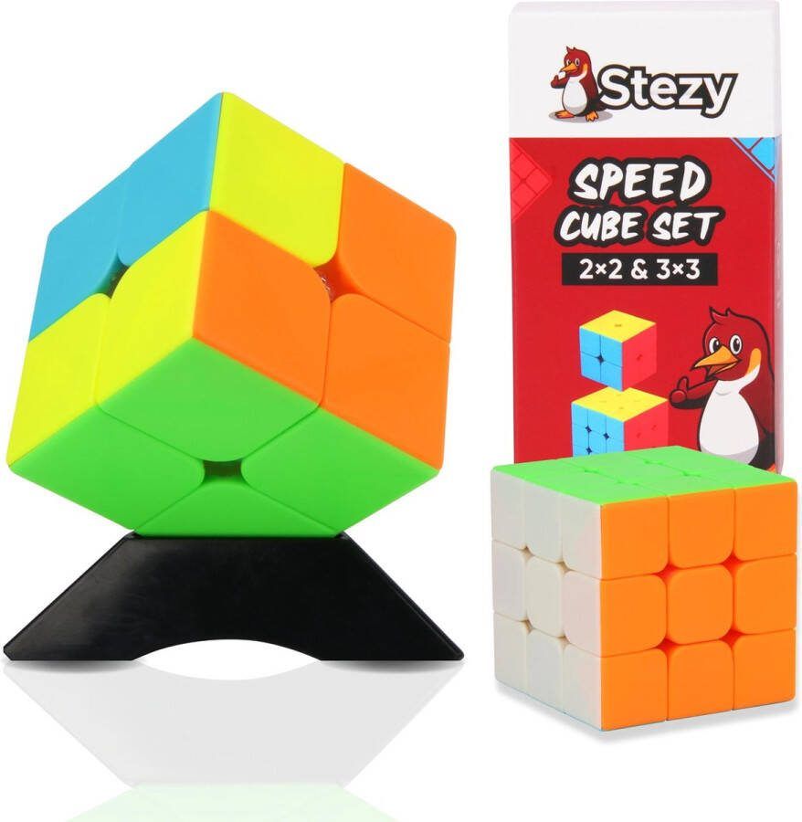 Stezy Speed Cube Set 3x3 en 2x2 Incl. Cube Standaard & Handleiding Breinbrekers voor Volwassenen en Kinderen