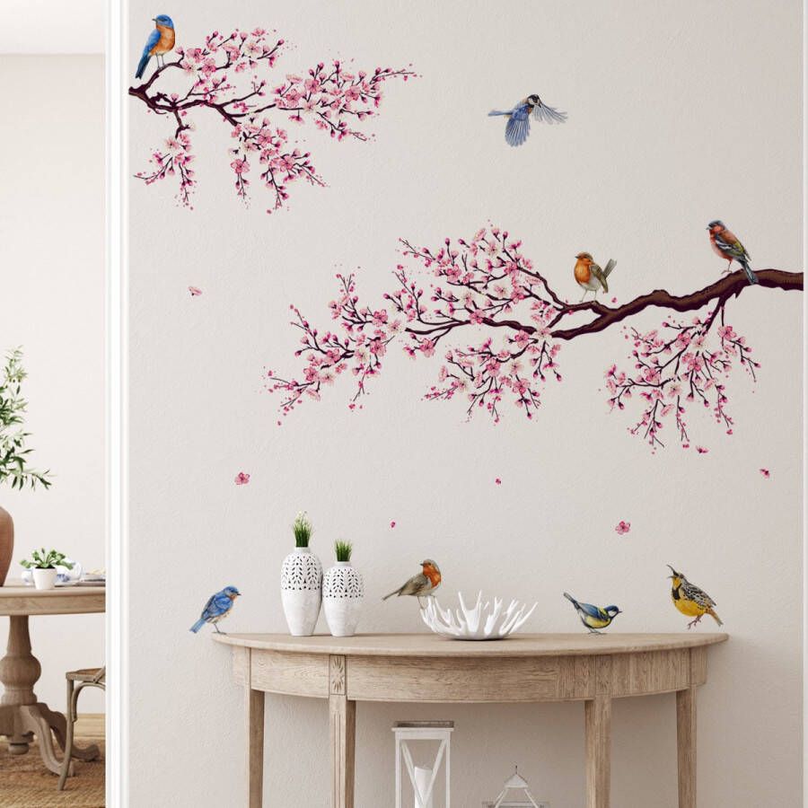 Stickerkamer Muursticker Bloesem tak met vogels Muurdecoratie Wanddecoratie Woonkamer Slaapkamer Boom Natuur Roze