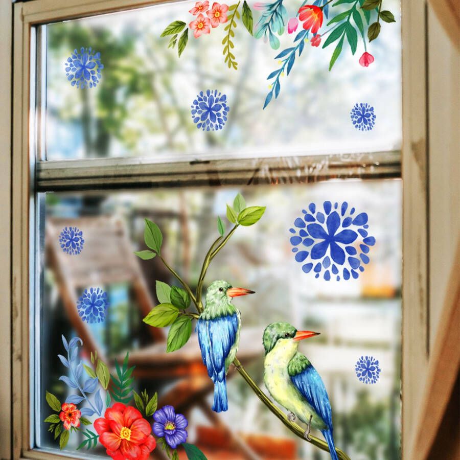 Stickerkamer Raamsticker Vogels op tak Waterverf Zelfklevend Verwijderbaar Bloemen Raamdecoratie Woonkamer Huis inrichting Muurstickers