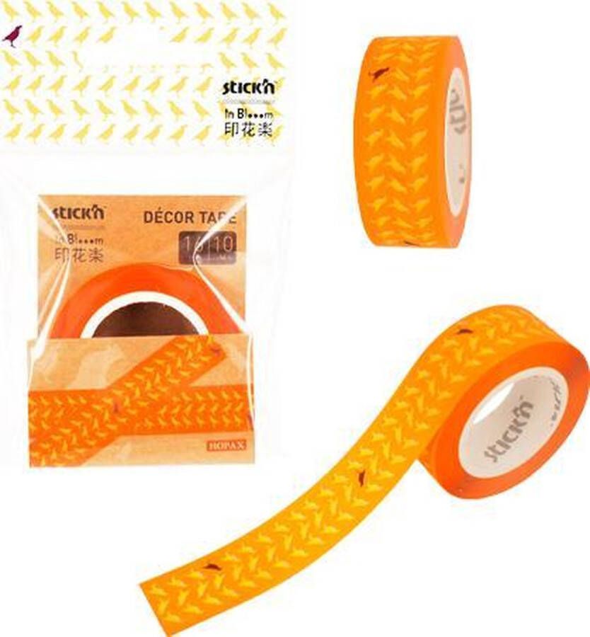 Stick'n Washi tape oranje 16mm breed 10 meter rol vogelprint