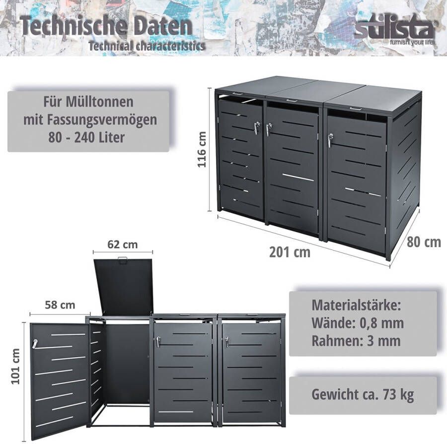 Stilista Containerombouw Kliko Ombouw 3-deurs Voor 3 afvalcontainers Max. 240 Liter 201 x 80 x 116 cm Antraciet