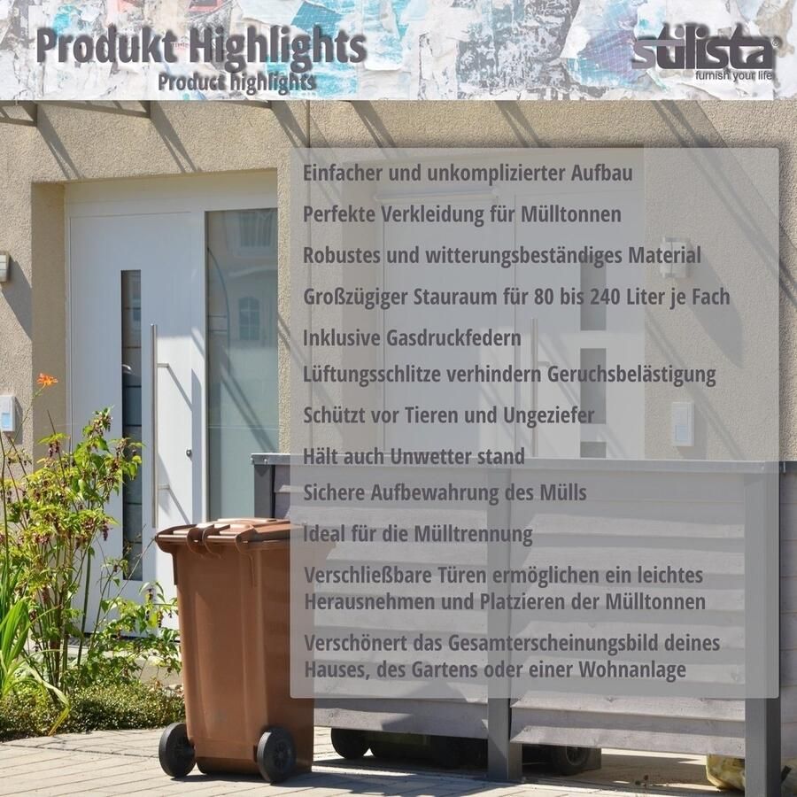 Stilista Containerombouw Kliko Ombouw 4-deurs Voor 4 afvalcontainers Max. 240 Liter 265 x 80 x 116 cm Antraciet