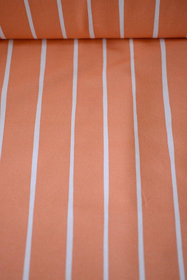 Stoffenboetiek French terry oranje met witte strepen Eva Mouton 1 meter modestoffen voor naaien stoffen
