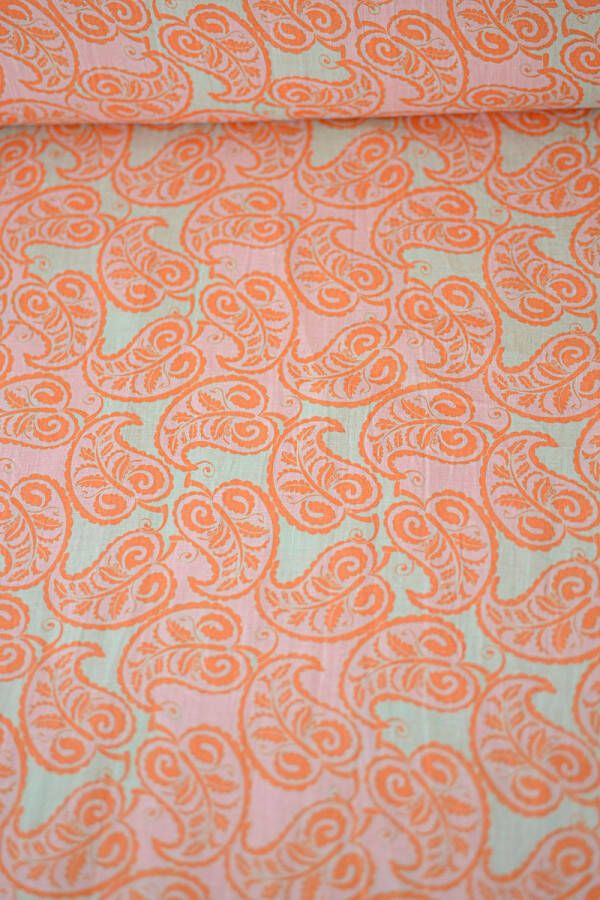 Stoffenboetiek Linnen oranje mint met paisley print 1 meter modestoffen voor naaien stoffen