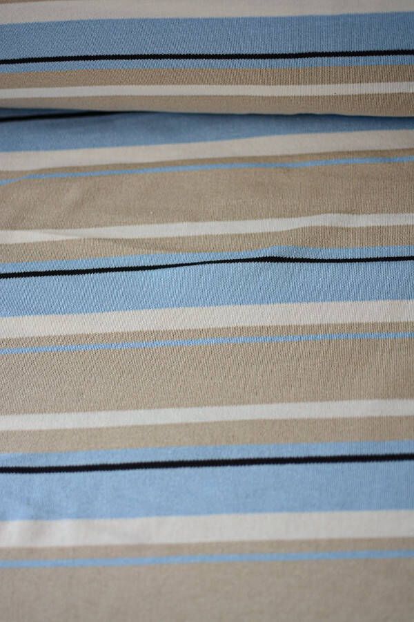 Stoffenboetiek Tricot blauw met brede beige strepen 1 meter modestoffen voor naaien stoffen