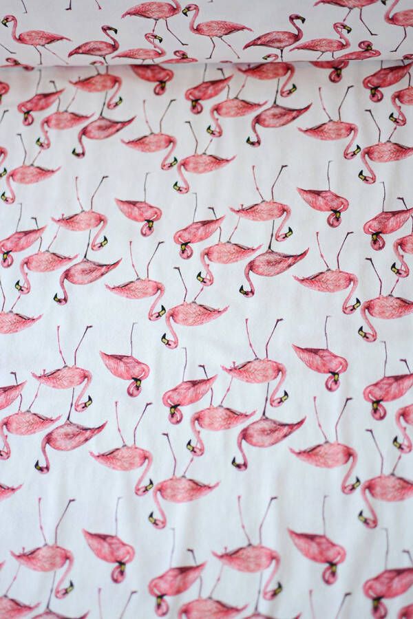 Stoffenboetiek Tricot gebroken wit met roze flamingo's 1 meter modestoffen voor naaien stoffen
