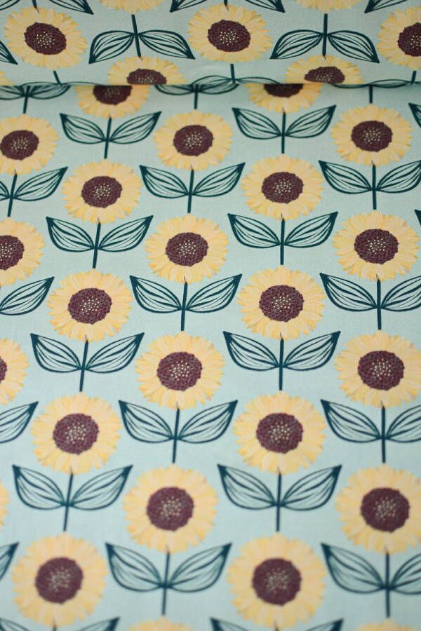 Stoffenboetiek Tricot groen met zonnebloemen 1 meter modestoffen voor naaien stoffen