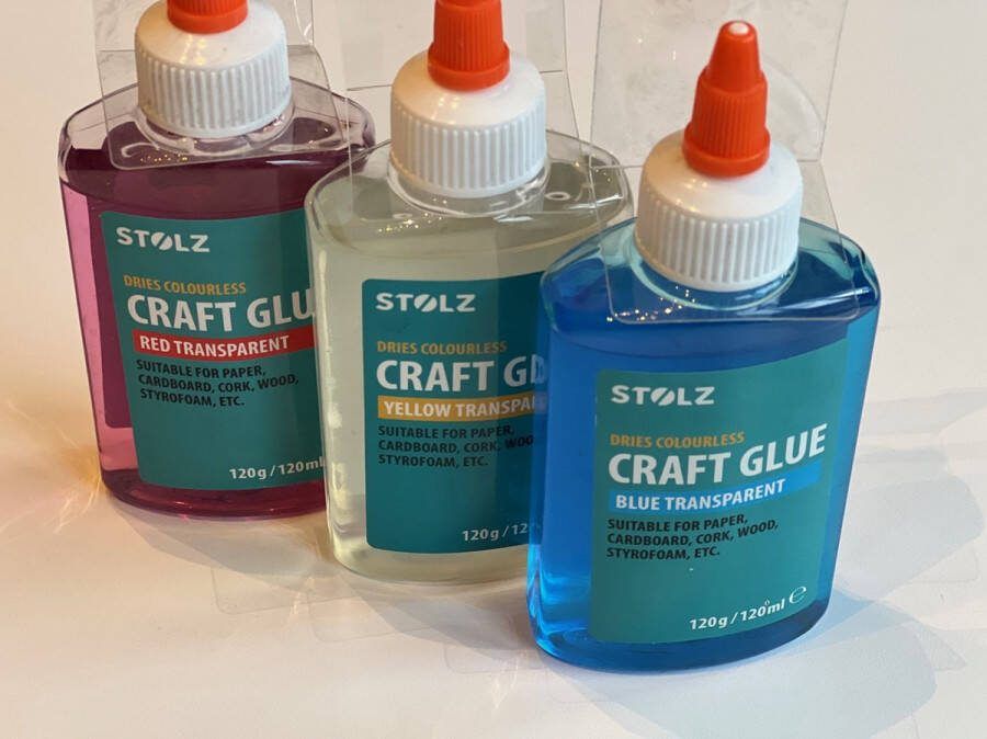 Stolz Hobbylijm Glue Lijm 3 stuks Blauw Geel Rood Craft Papier Karton Hout Kurk Foam 3 x 120ML