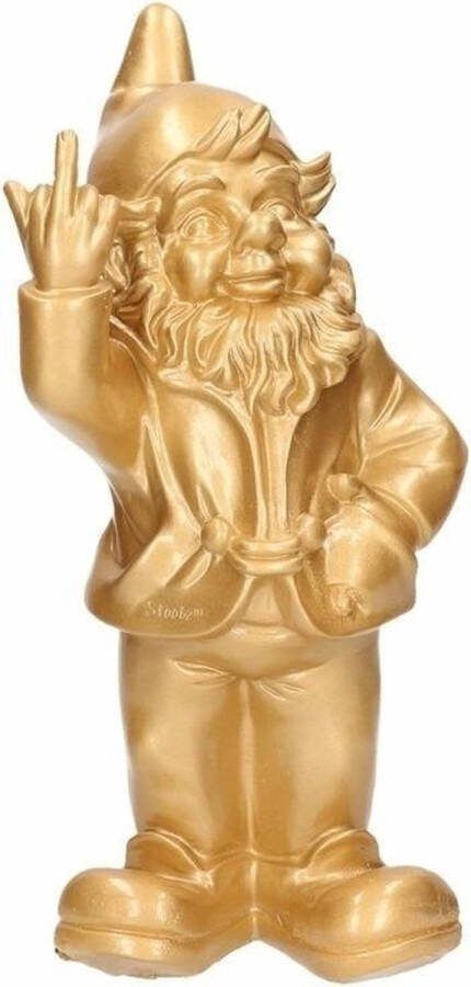 Stoobz Design tuinkabouter met opgestoken middelvinger goud 20 cm fuck you beeldje buiten decoratie