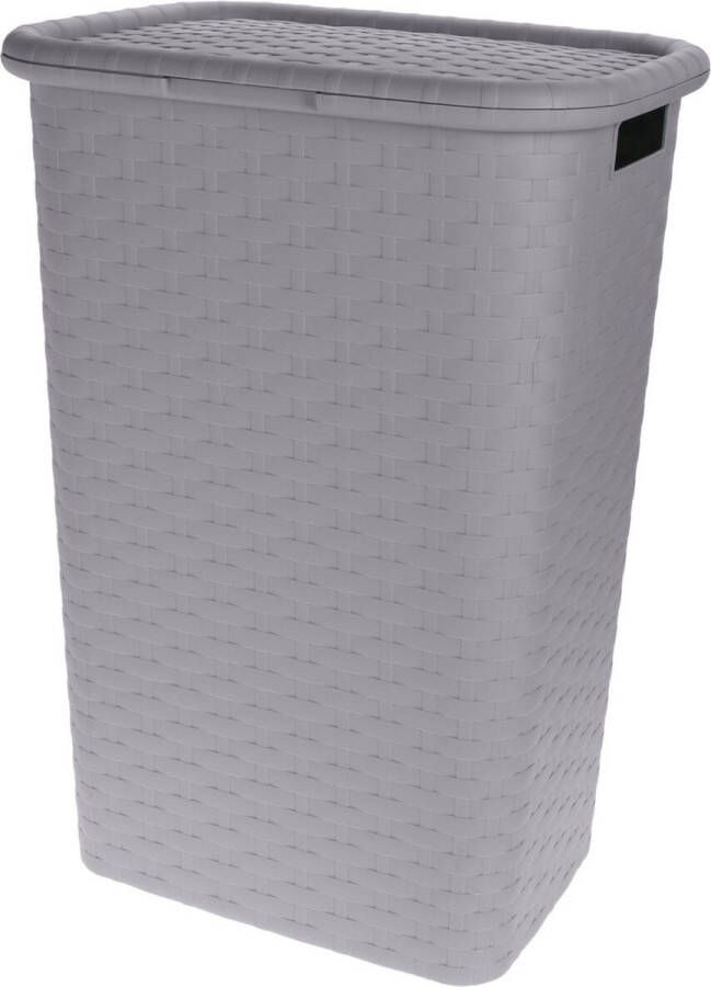 Storage solutions Wasmand rotan met deksel grijs 60 liter Kunststof geweven wasmanden
