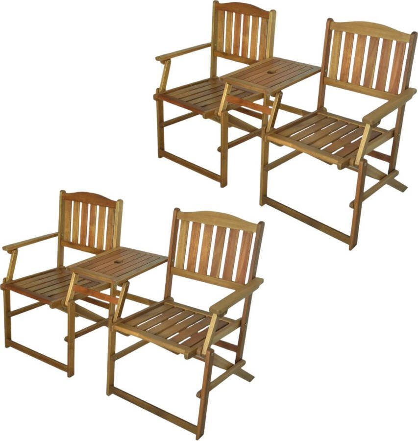 Storm Tuinset SET van 2 inklapbaar infinite Loveseat B 141 x D 61 x H 87 cm met tafel geolied Acaciahout met Parasolgat Tuinbank Tuinstoel voor op het balkon Balkonstoel Tete-a-Tete Tuinbank Duurzaam Hardhout Luxe Design