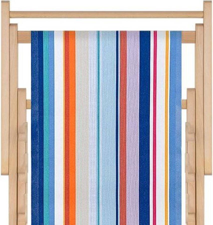 Strandstoel.net Houten strandstoel met hoogwaardige stof in acryl massief beukehout Canet Rousillon blauw oranje opvouwbaar verstelbaar in 3 standen zonder armleuning afneembare hoes multicolour strepenpatroon
