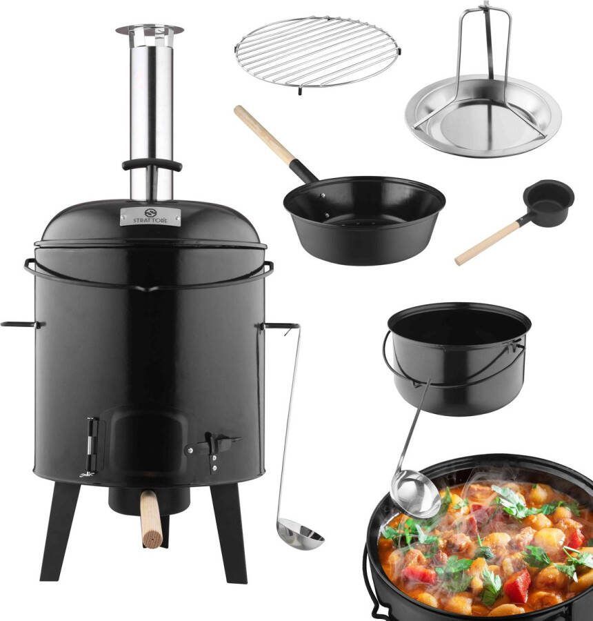 Strattore Goulashpot 5 in 1 Goulashkanon houtskool bbq buitenoven 22 liter in zwart-roestvrij staal geëmailleerd
