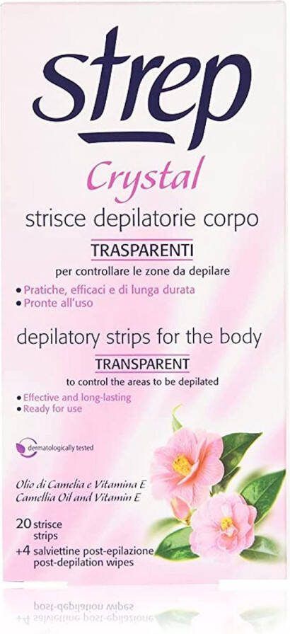 Strep crystal Ontharings strips voor gezicht & delicate zones transparant 20 ontharingsstrips 4 lotiondoekjes met camelia olie en vitamine E