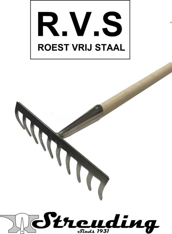 Streuding Hark Roestvrij Staal 10 tands met steel 150 cm Art.Nr 22869