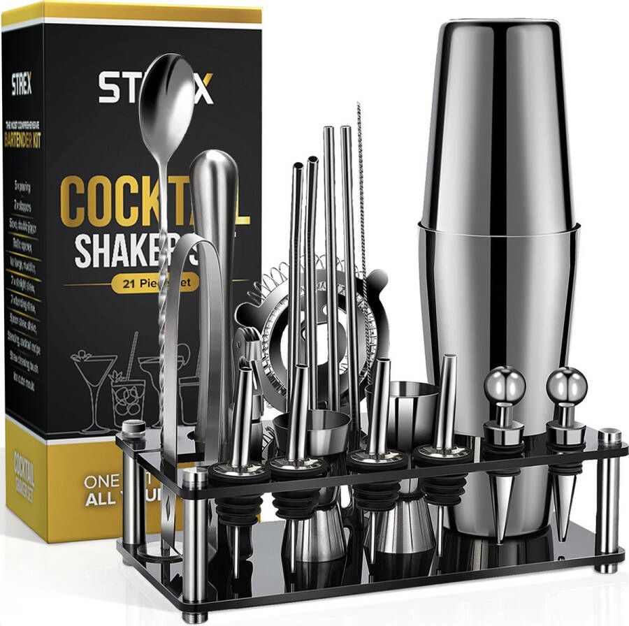 Strex Cocktail Set Zilver RVS 21 Delig (750ml) Incl. NL Receptenboek Cocktail Shaker Cadeauverpakking
