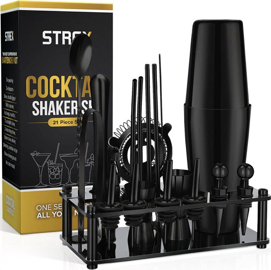 Strex Cocktail Set Zwart RVS 21 Delig (750ml) Incl. NL Receptenboek Cocktail Shaker Cadeauverpakking