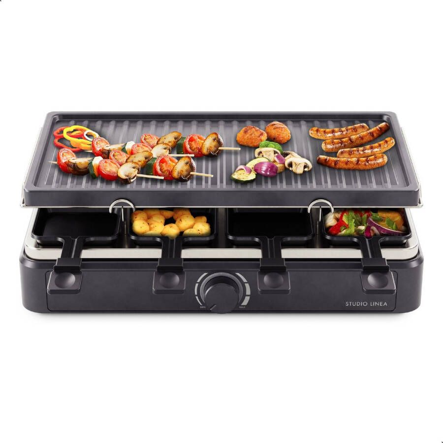 Studio Linea SLGRILL30BK Gourmetstel 8 Personen 1400 Watt Gourmetpannetjes en Gourmetplaat met Antiaanbaklaag Raclette